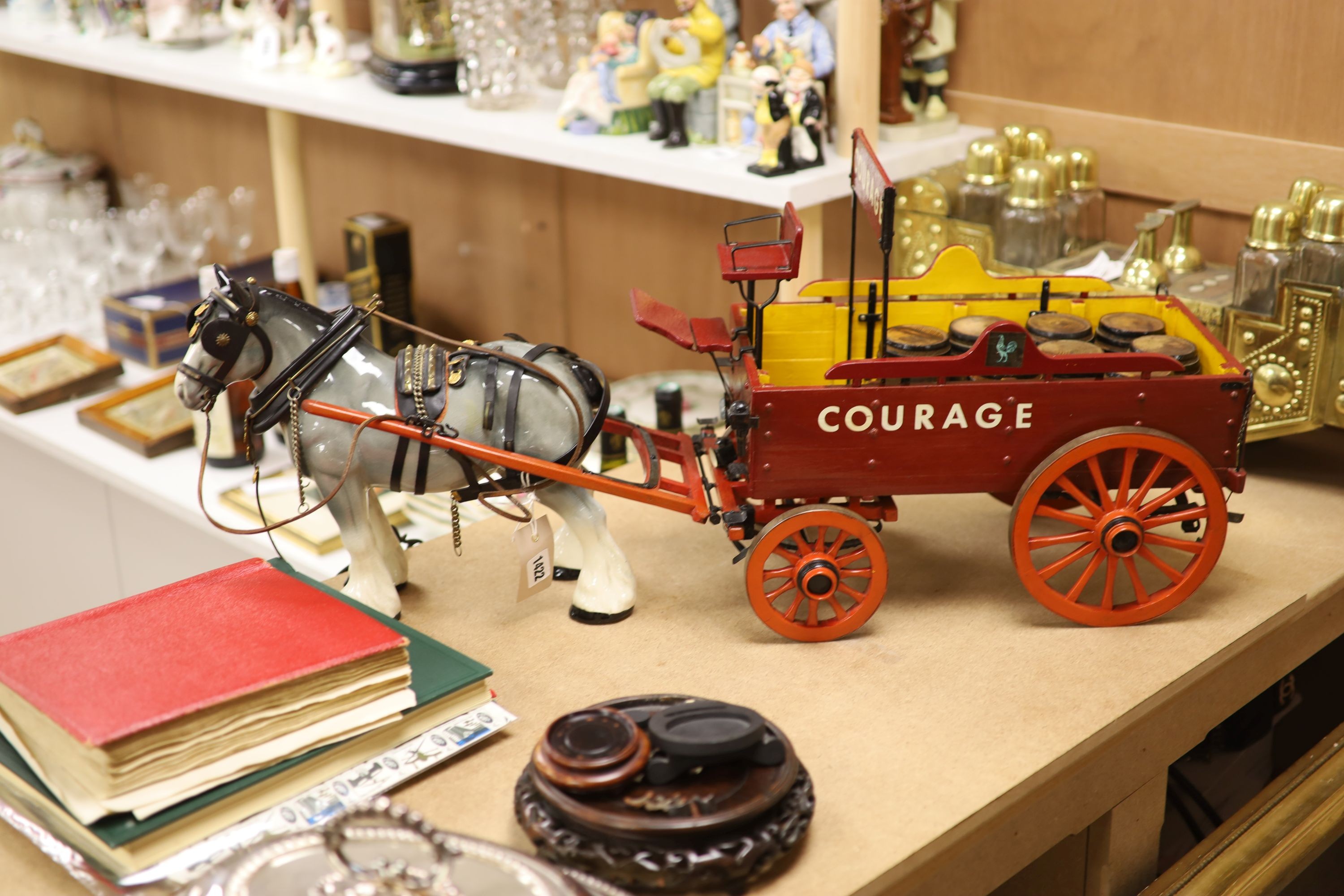 A model of a Courage advertising show dray, with ceramic shire horse